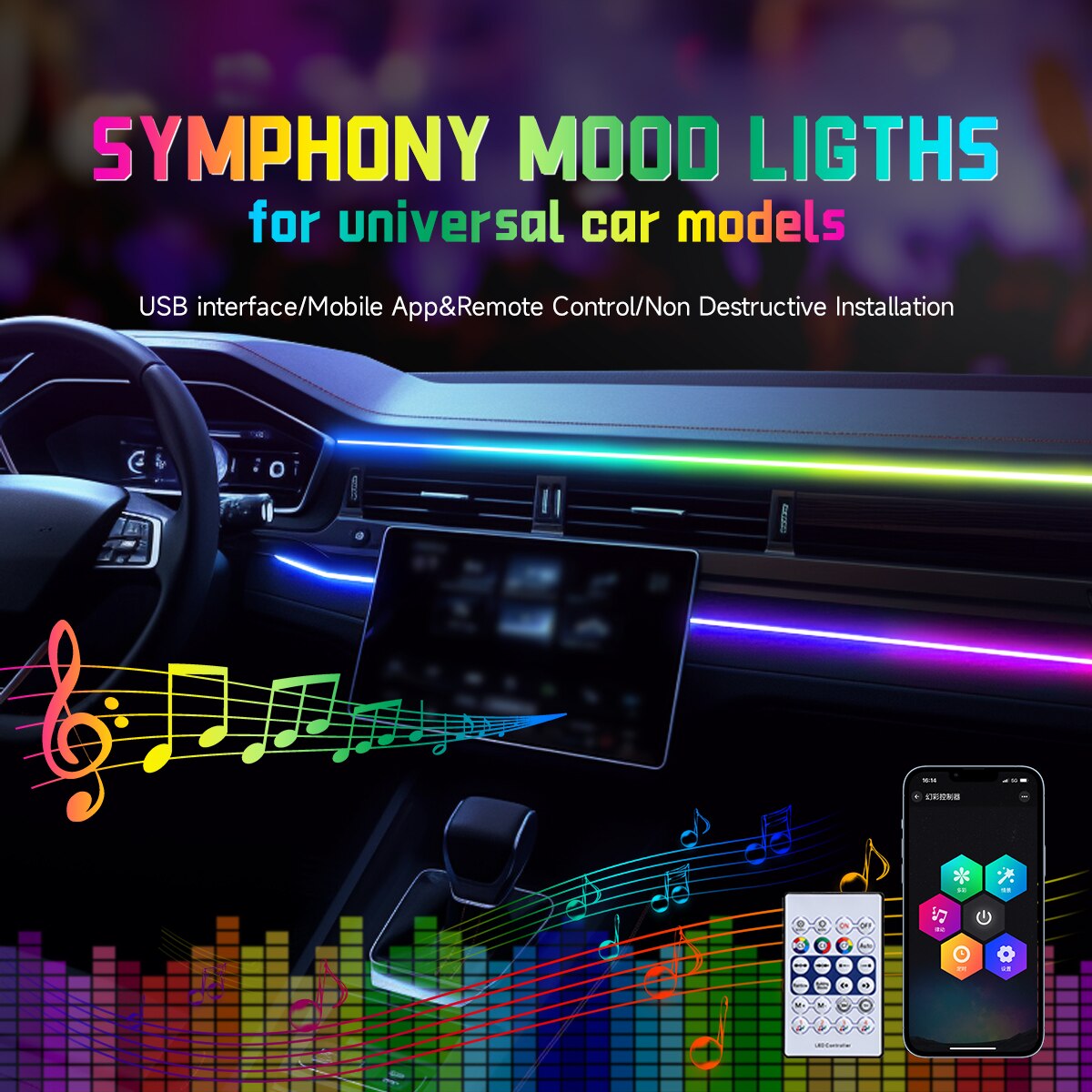 Led Ambient Interior Car Lights App Control - Lumière ambiante LED USB pour voiture,